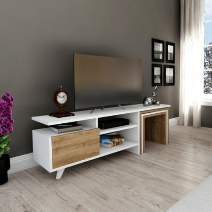 ترابيزة تليفزيون مع ترابيزات متداخلة 40×180سم – بيج مع ابيض – TV0128